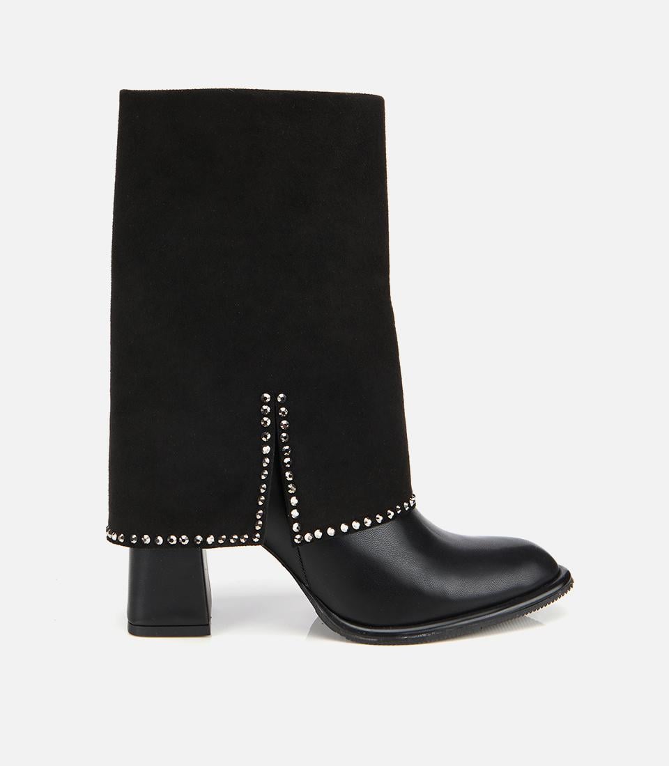  Kadın Siyah Pantolon Görünümlü Zımbalı Kalın Topuklu Bot