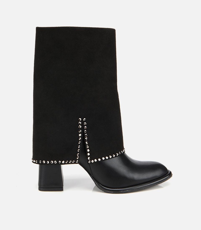  Kadın Siyah Pantolon Görünümlü Zımbalı Kalın Topuklu Bot