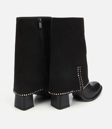  Kadın Siyah Pantolon Görünümlü Zımbalı Kalın Topuklu Bot