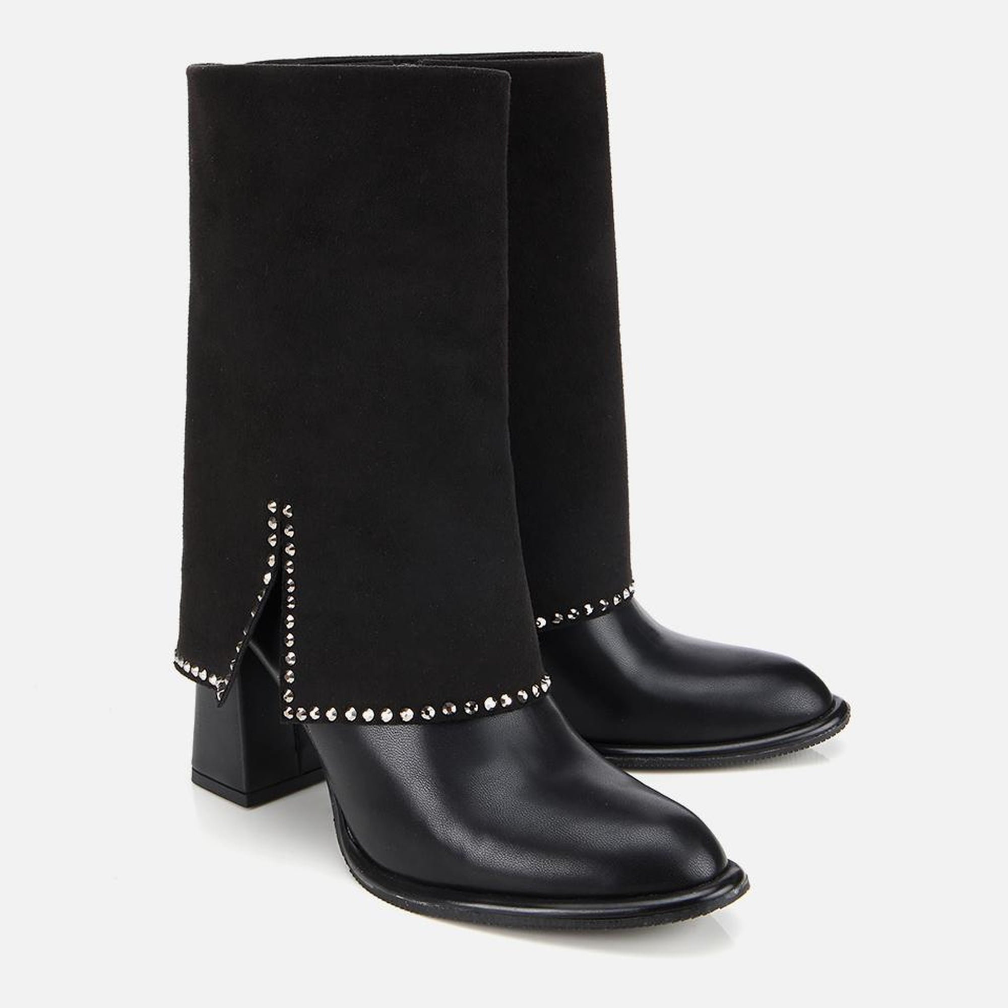 Kadın Siyah Pantolon Görünümlü Zımbalı Kalın Topuklu Bot