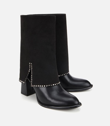  Kadın Siyah Pantolon Görünümlü Zımbalı Kalın Topuklu Bot