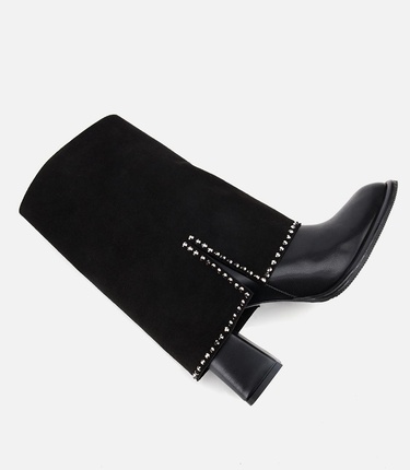  Kadın Siyah Pantolon Görünümlü Zımbalı Kalın Topuklu Bot