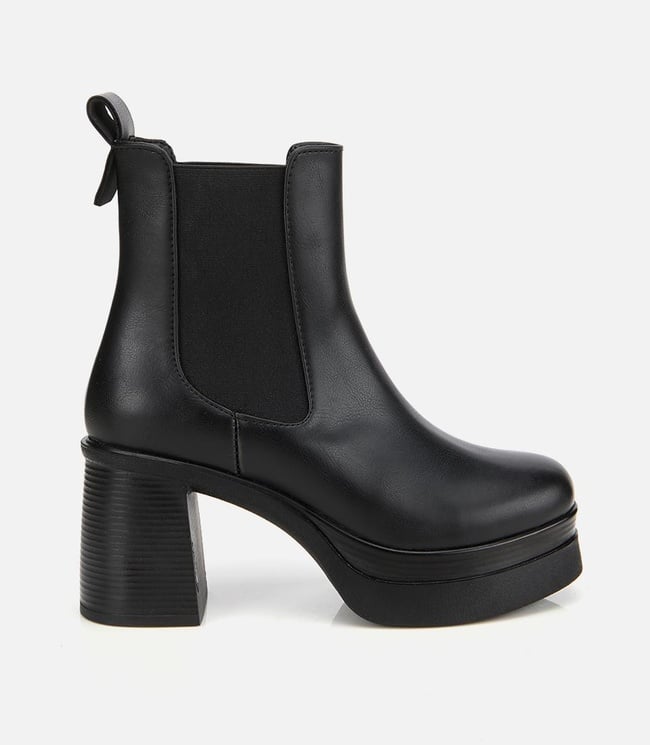  Kadın Siyah Lastik Detaylı Kalın Topuklu Bot