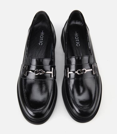  Kadın Deri Siyah Tokalı Klasik Loafer