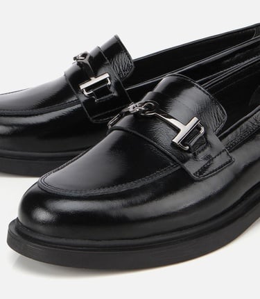  Kadın Deri Siyah Tokalı Klasik Loafer