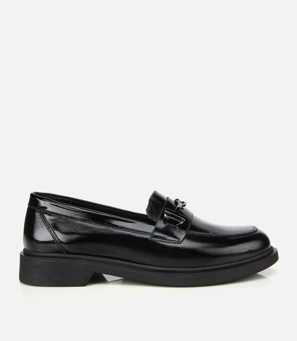  Kadın Deri Siyah Tokalı Klasik Loafer
