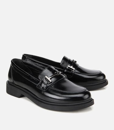  Kadın Deri Siyah Tokalı Klasik Loafer