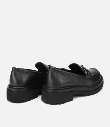  Kadın Deri Siyah Tokalı Yüksek Tabanlı Klasik Loafer