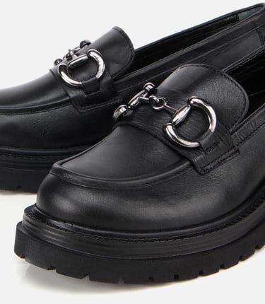  Kadın Deri Siyah Tokalı Yüksek Tabanlı Klasik Loafer