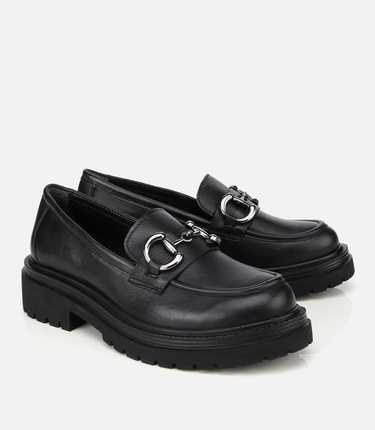  Kadın Deri Siyah Tokalı Yüksek Tabanlı Klasik Loafer