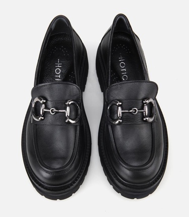  Kadın Deri Siyah Tokalı Yüksek Tabanlı Klasik Loafer