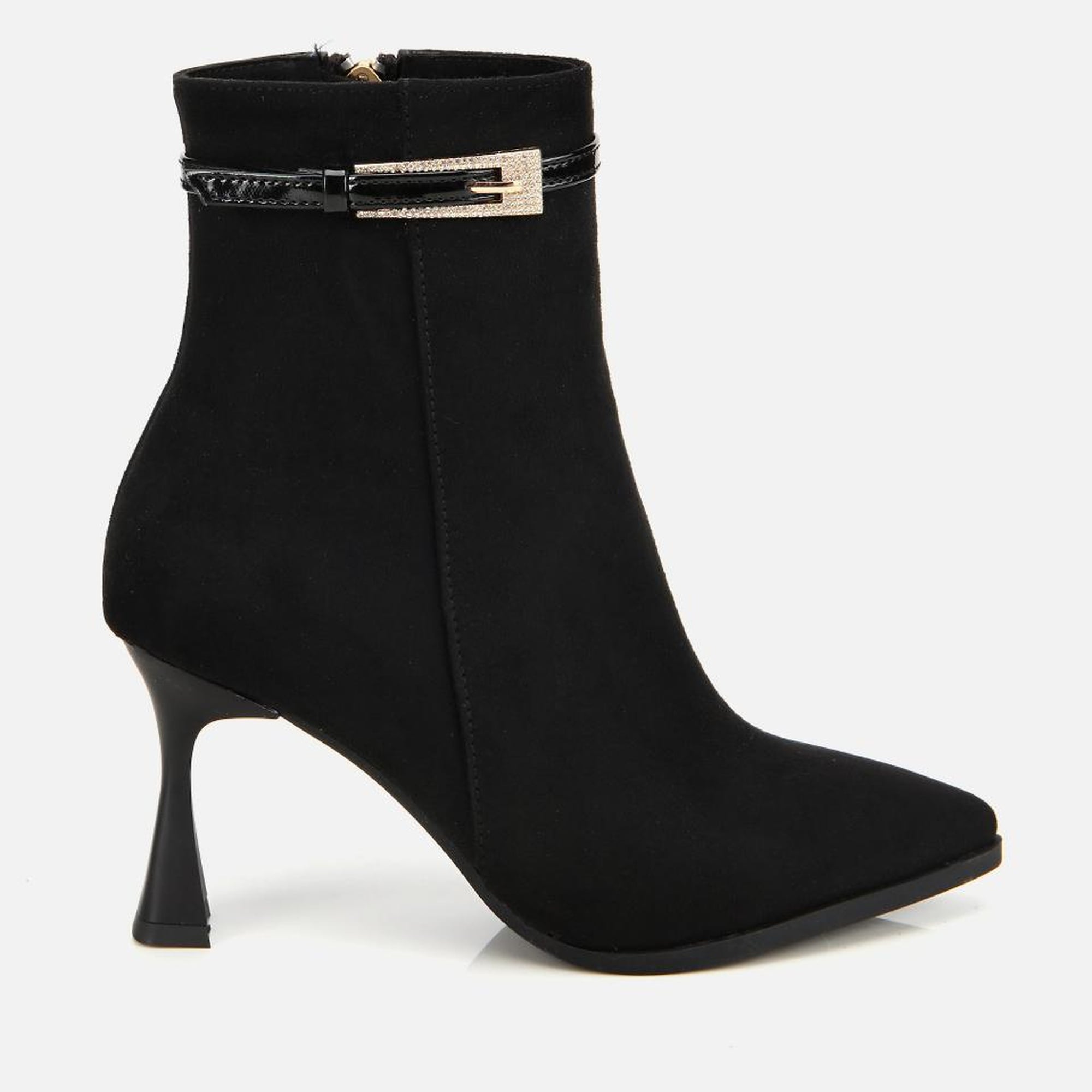 Kadın Süet Siyah Taşlı Tokalı Bilekte Topuklu Bot