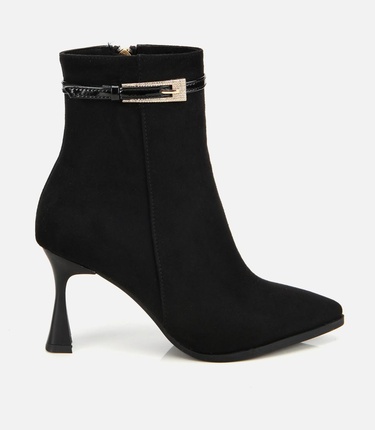  Kadın Süet Siyah Taşlı Tokalı Bilekte Topuklu Bot