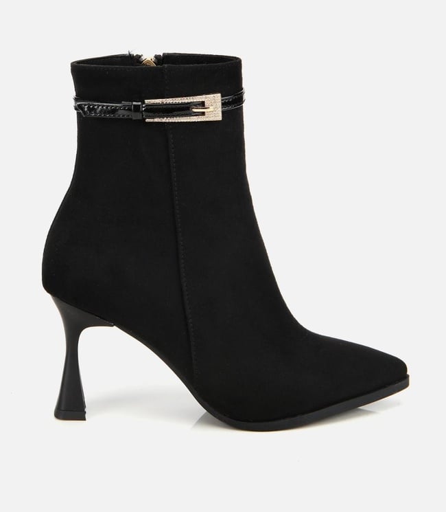  Kadın Süet Siyah Taşlı Tokalı Bilekte Topuklu Bot