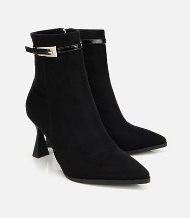  Kadın Süet Siyah Taşlı Tokalı Bilekte Topuklu Bot