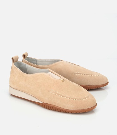  Kadın Süet Deri Bej Lastik Detaylı Günlük Loafer