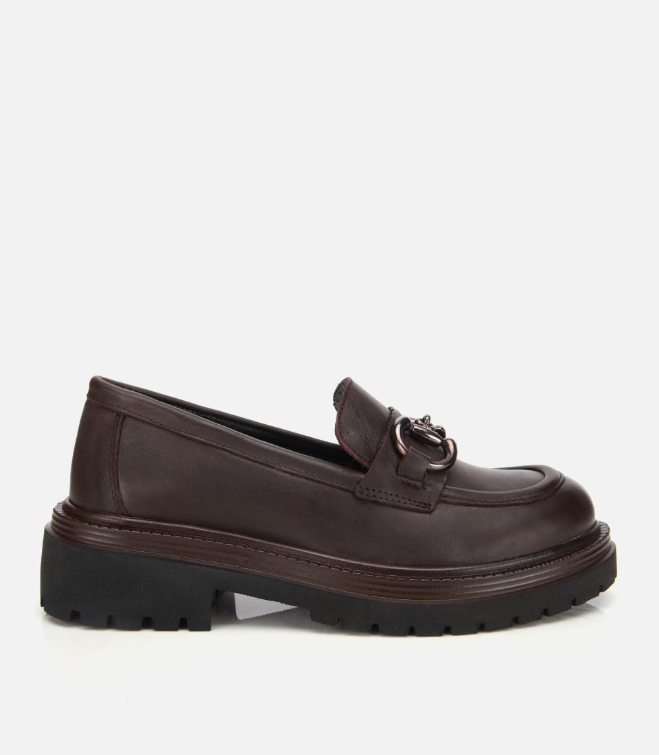  Kadın Deri Kahverengi Tokalı Yüksek Tabanlı Klasik Loafer