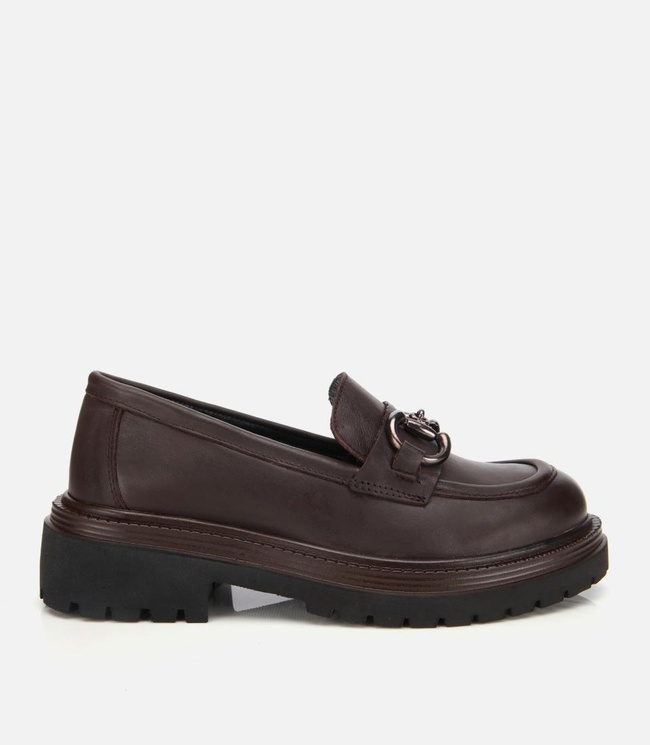  Kadın Deri Kahverengi Tokalı Yüksek Tabanlı Klasik Loafer