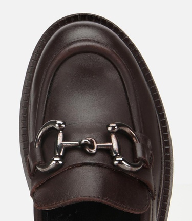  Kadın Deri Kahverengi Tokalı Yüksek Tabanlı Klasik Loafer