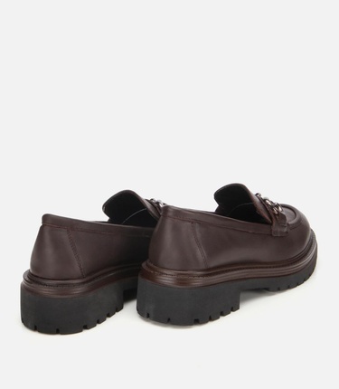  Kadın Deri Kahverengi Tokalı Yüksek Tabanlı Klasik Loafer