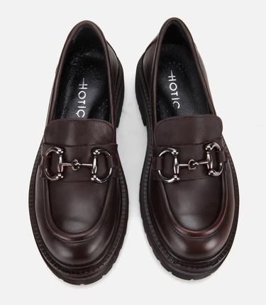  Kadın Deri Kahverengi Tokalı Yüksek Tabanlı Klasik Loafer