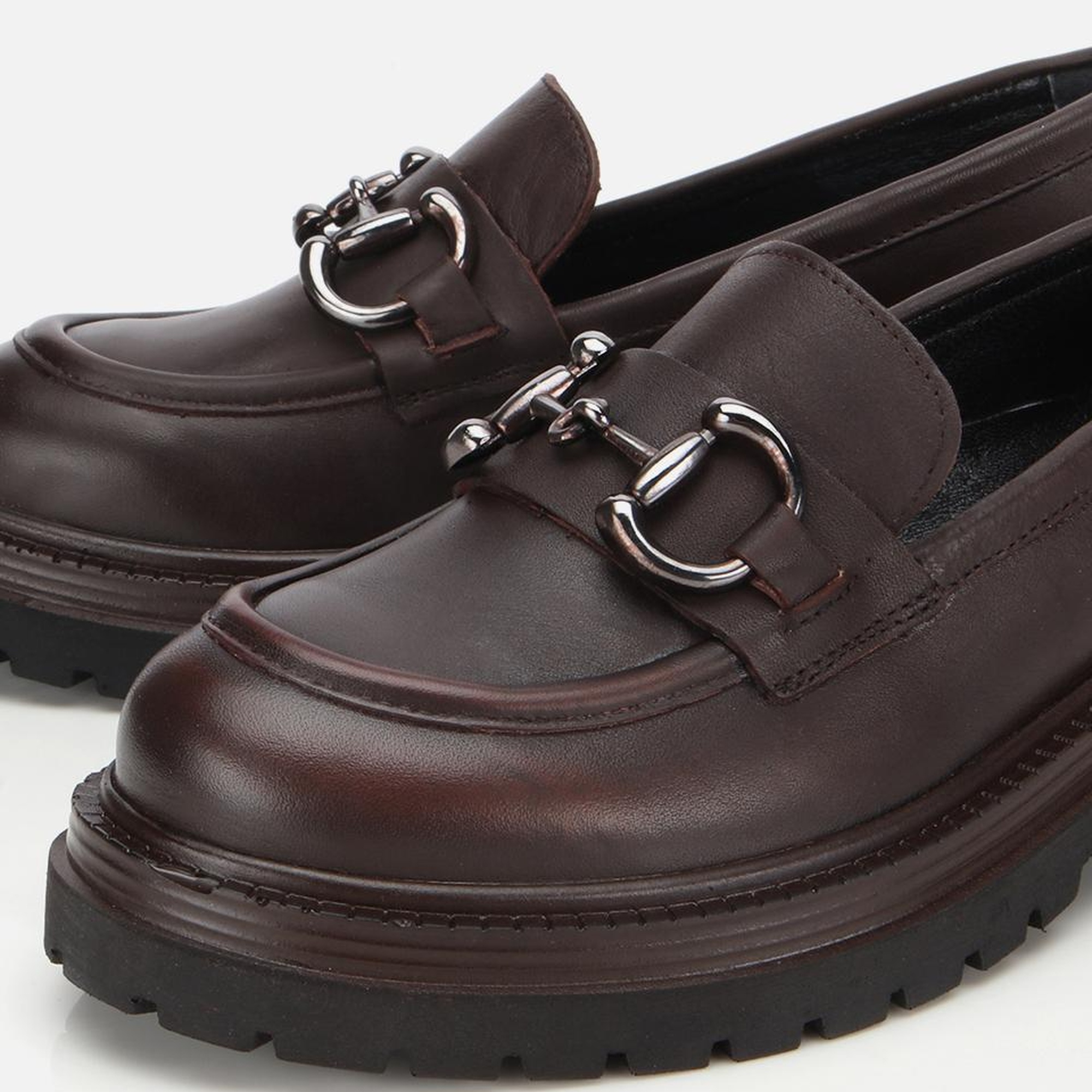 Kadın Deri Kahverengi Tokalı Yüksek Tabanlı Klasik Loafer