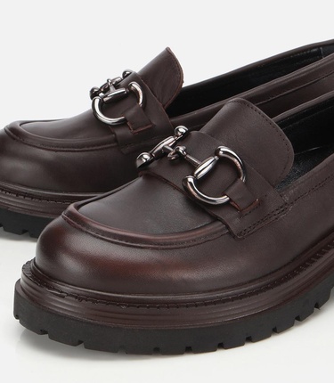  Kadın Deri Kahverengi Tokalı Yüksek Tabanlı Klasik Loafer