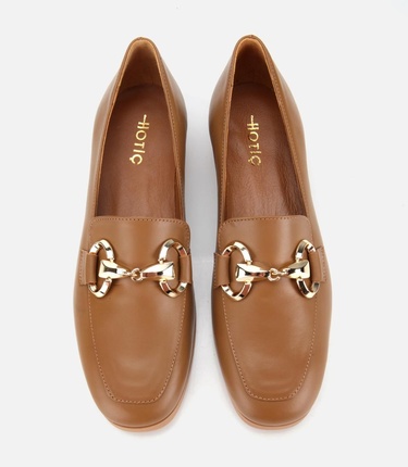  Kadın Deri Kahverengi Tokalı Klasik Loafer