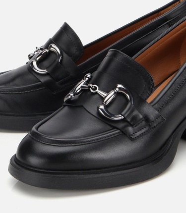  Kadın Deri Siyah Tokalı Yüksek Topuklu Klasik Loafer