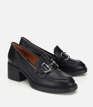  Kadın Deri Siyah Tokalı Yüksek Topuklu Klasik Loafer