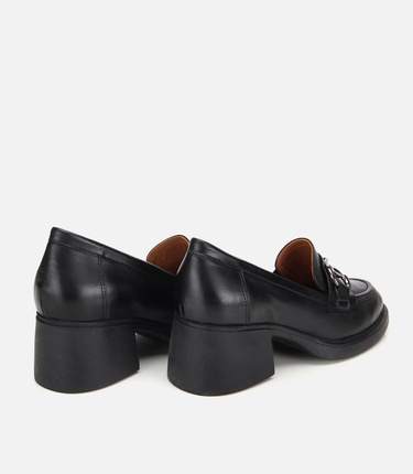  Kadın Deri Siyah Tokalı Yüksek Topuklu Klasik Loafer