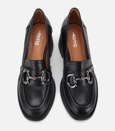  Kadın Deri Siyah Tokalı Yüksek Topuklu Klasik Loafer