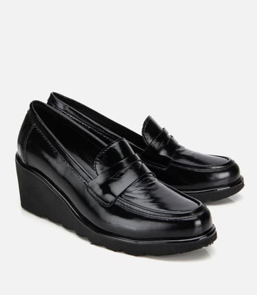  Kadın Rugan Deri Siyah Dolgu topuklu Günlük Loafer