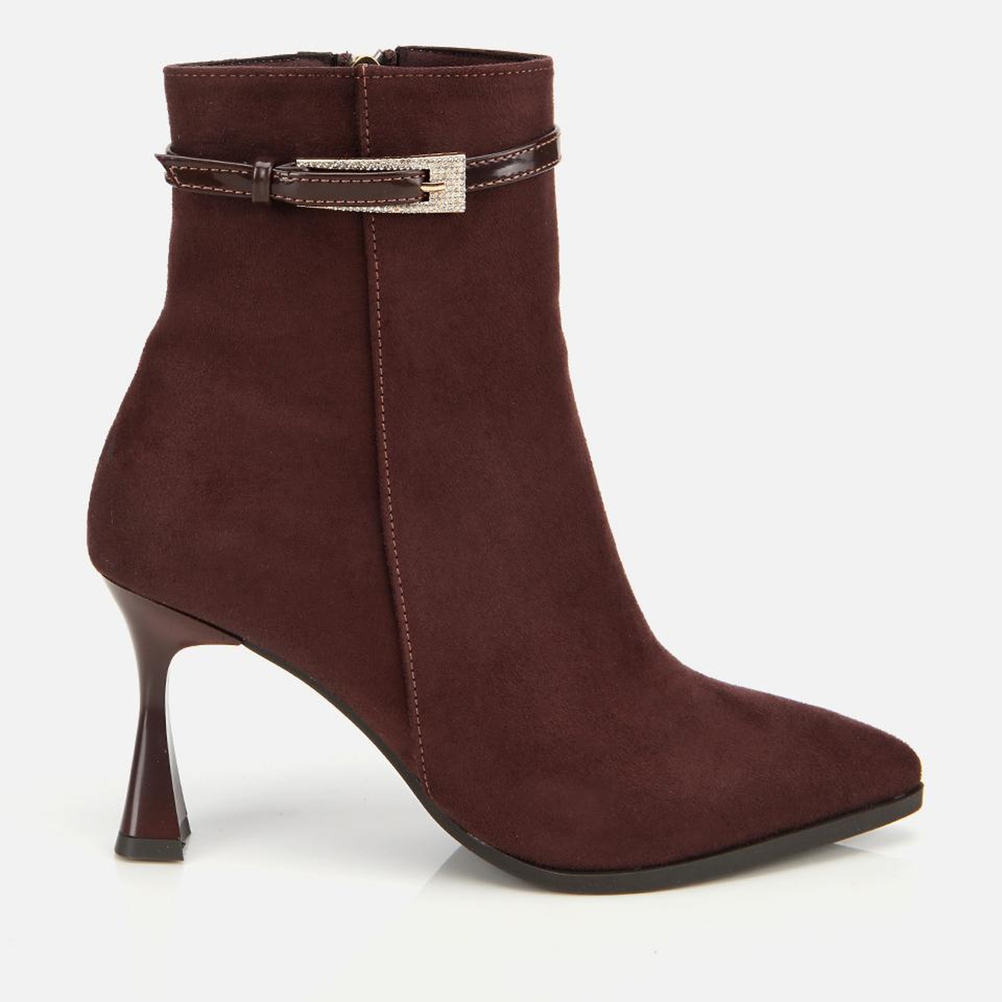 Kadın Süet Kahverengi Taşlı Tokalı Bilekte Topuklu Bot