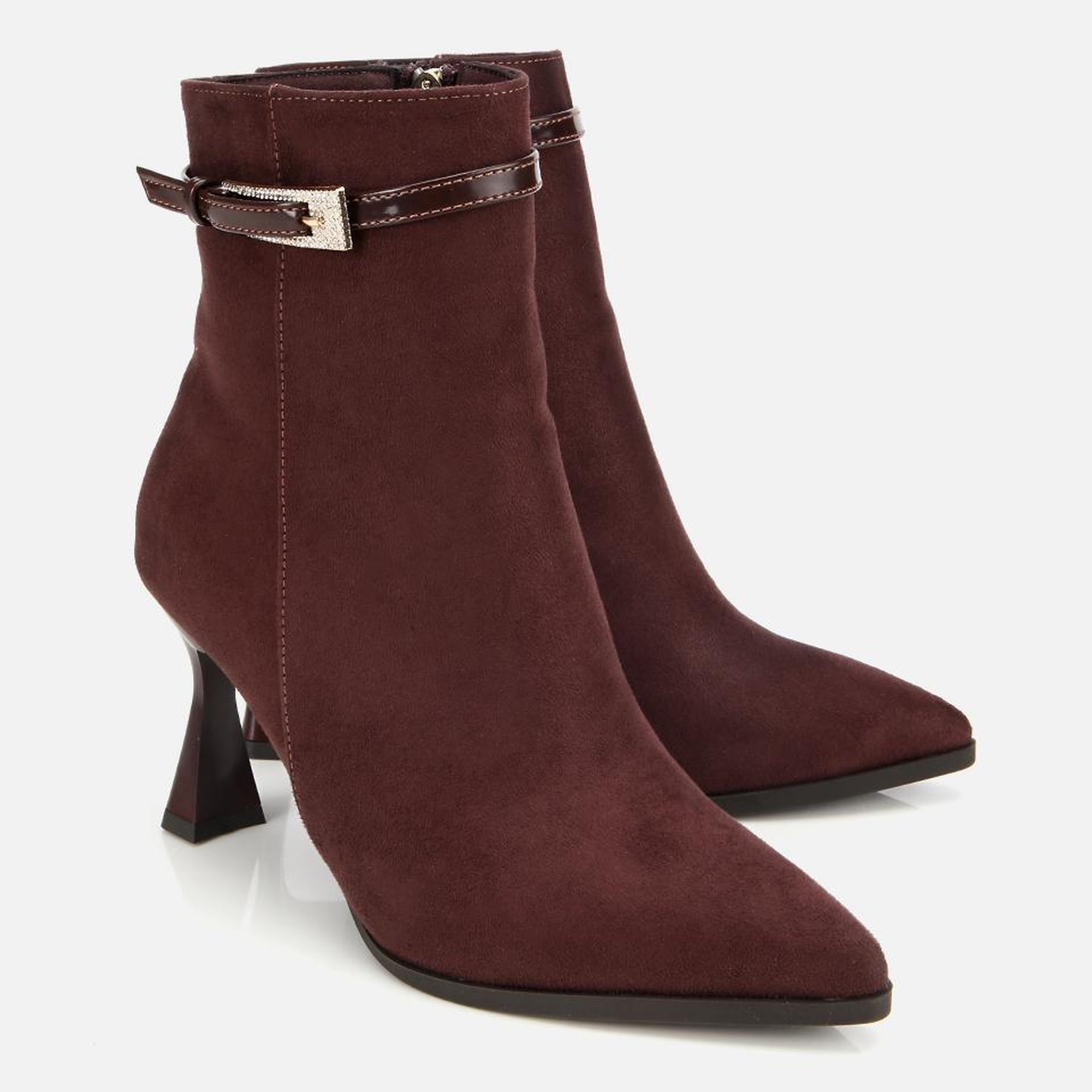 Kadın Süet Kahverengi Taşlı Tokalı Bilekte Topuklu Bot