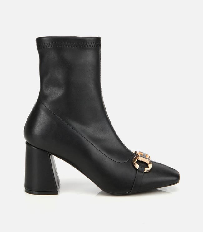  Kadın Siyah Tokalı Streç Fermuarlı Yüksek Topuklu Bot