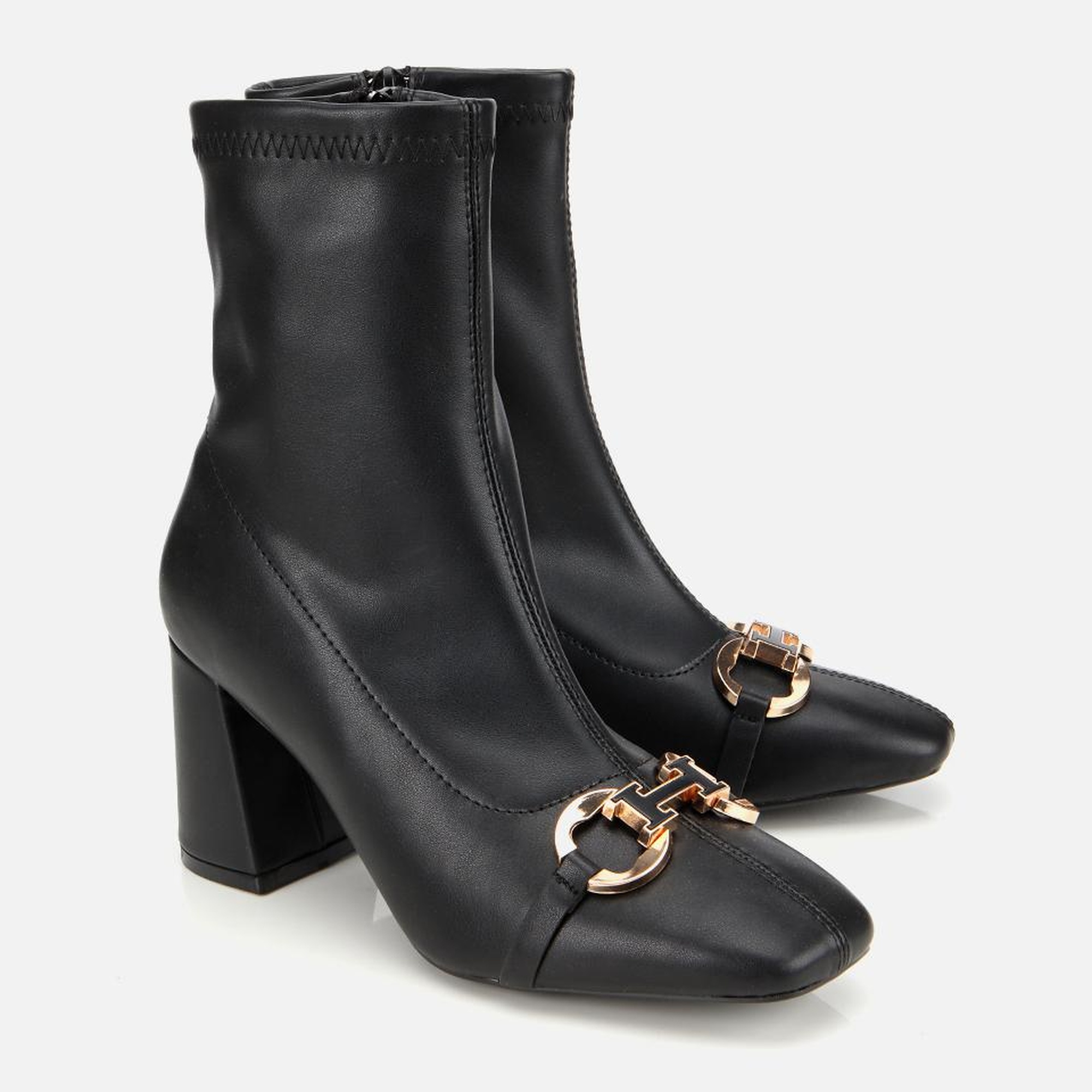 Kadın Siyah Tokalı Streç Fermuarlı Yüksek Topuklu Bot