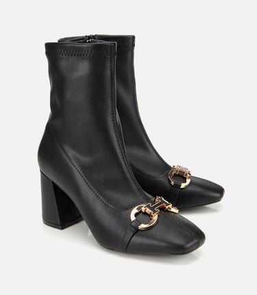  Kadın Siyah Tokalı Streç Fermuarlı Yüksek Topuklu Bot