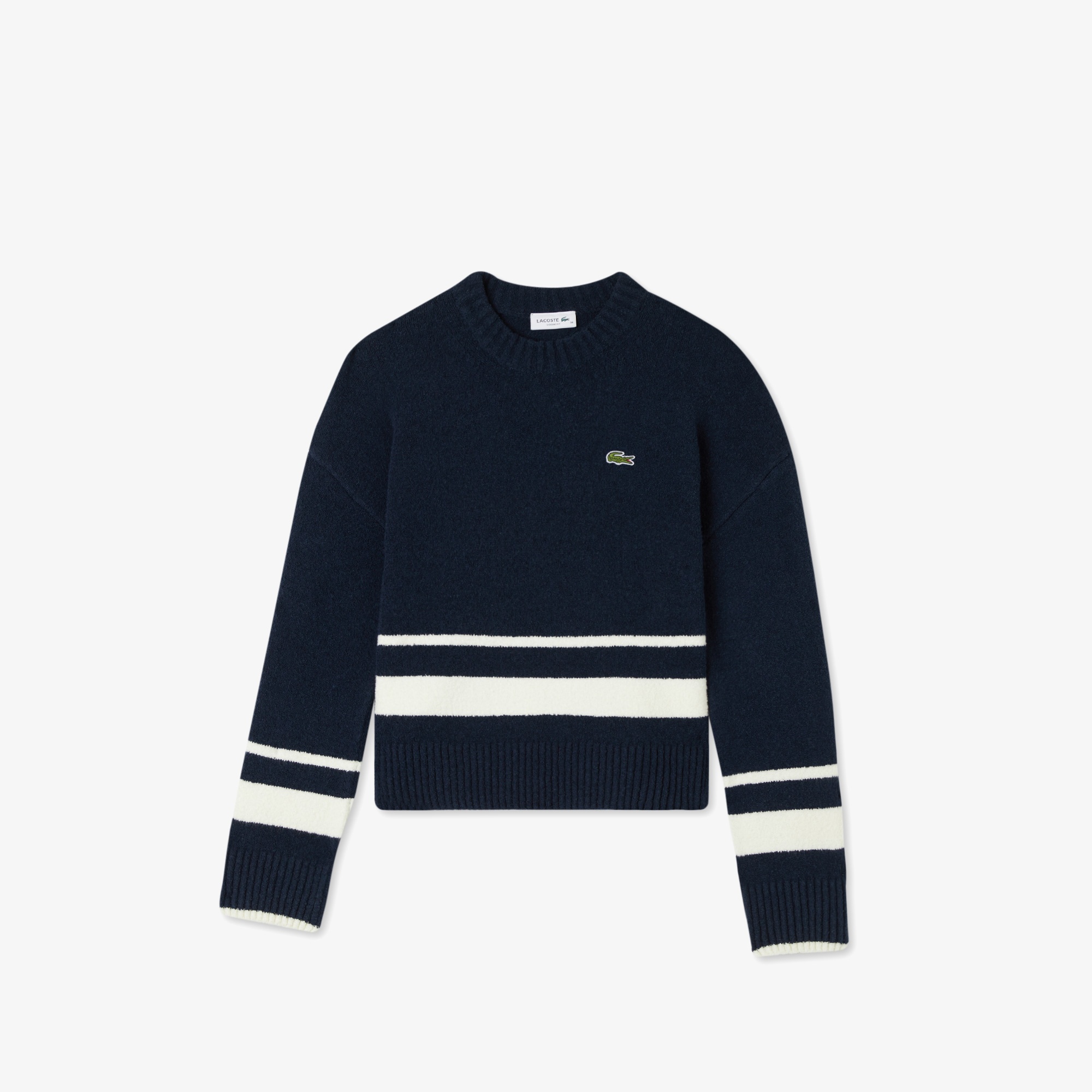 Lacoste Kadın Loose Fit Bisiklet Yaka Çizgili Lacivert Kazak