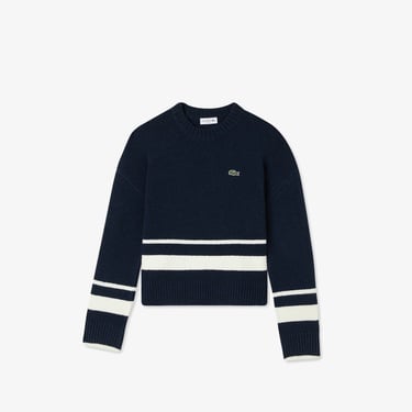  Lacoste Kadın Loose Fit Bisiklet Yaka Çizgili Lacivert Kazak