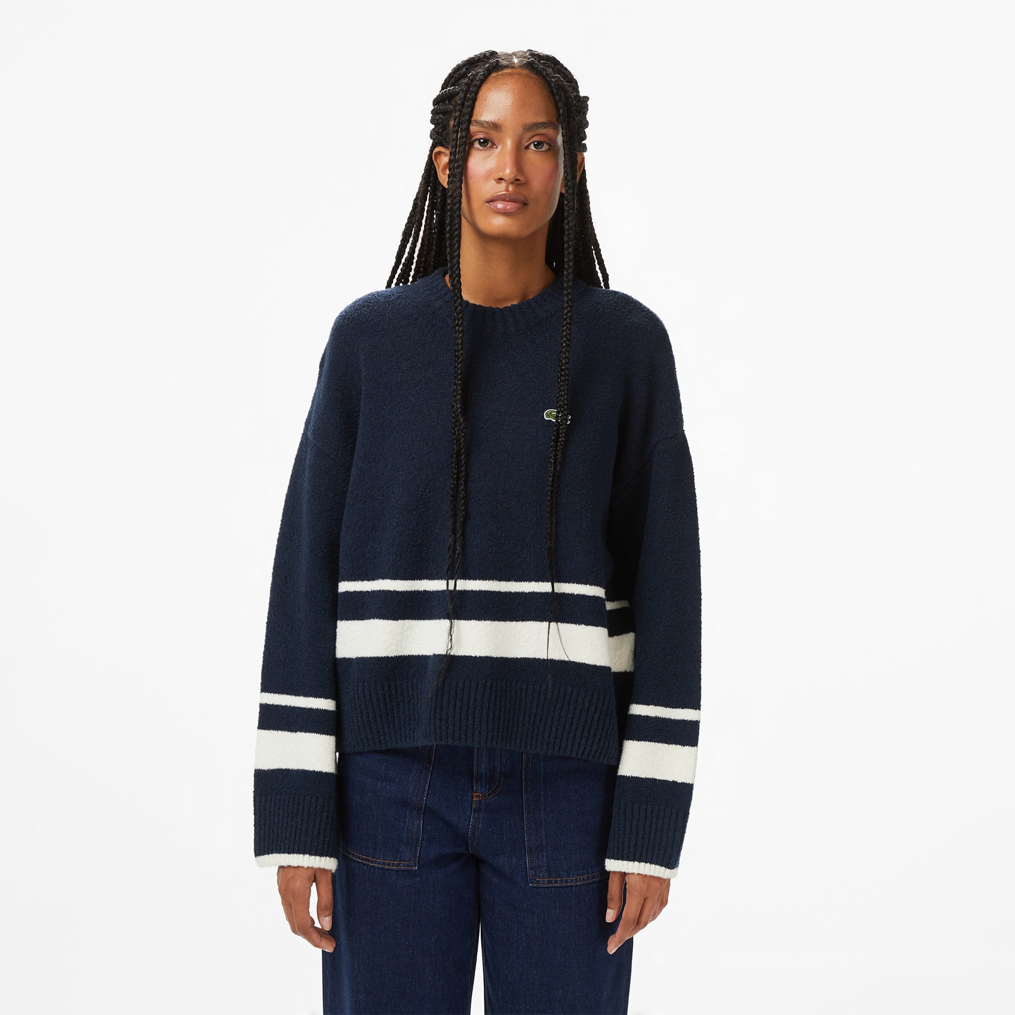  Kadın Loose Fit Bisiklet Yaka Çizgili Lacivert Kazak