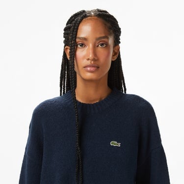  Kadın Loose Fit Bisiklet Yaka Çizgili Lacivert Kazak