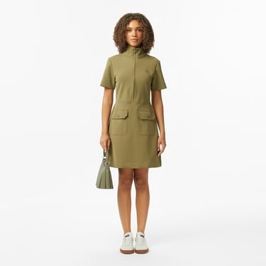  Lacoste Kadın Classic Fit Kısa Kollu Dik Yaka Haki Elbise