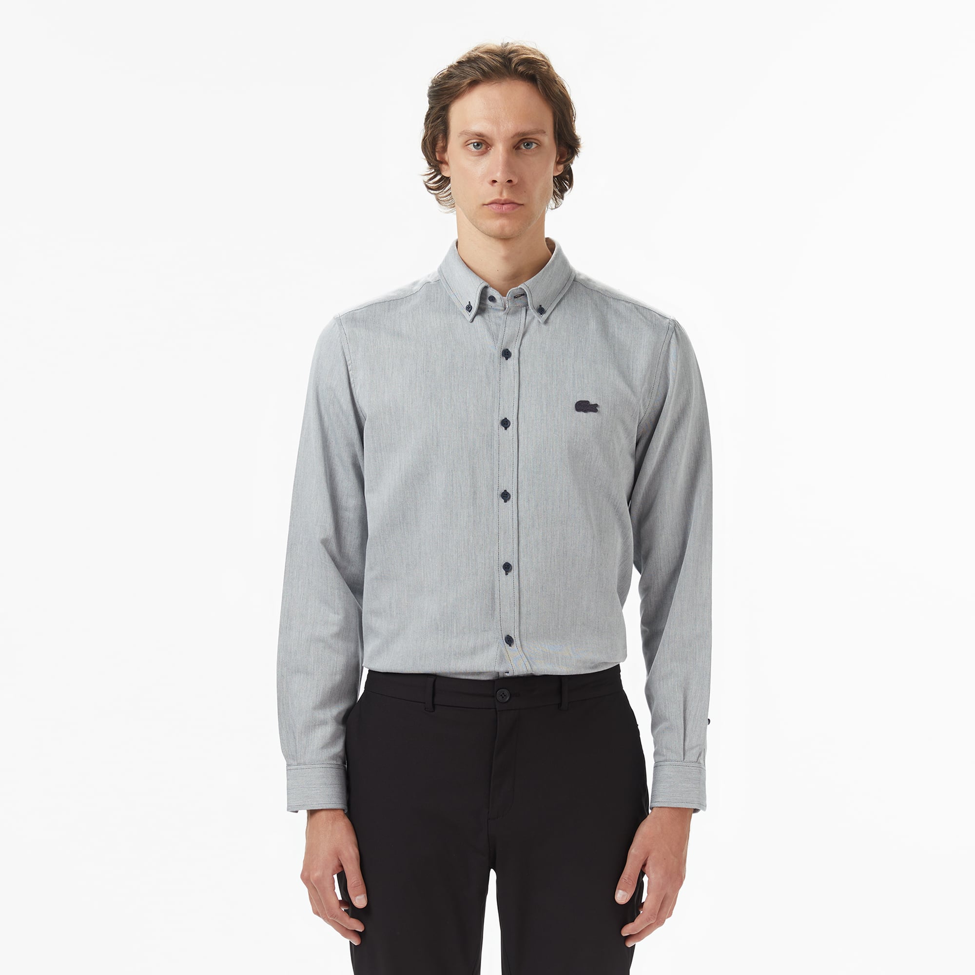  Erkek Regular Fit Düğmeli Yaka Gri Gömlek