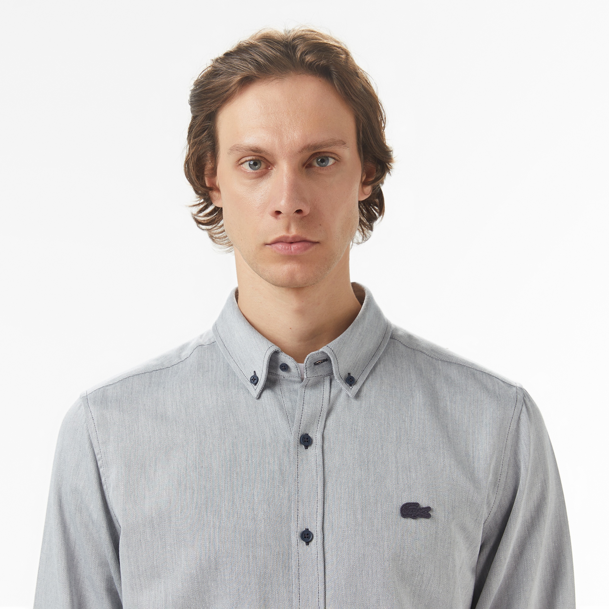 Erkek Regular Fit Düğmeli Yaka Gri Gömlek