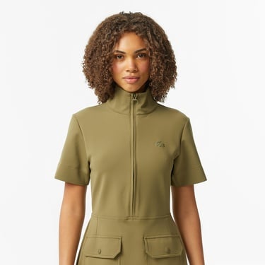  Lacoste Kadın Classic Fit Kısa Kollu Dik Yaka Haki Elbise