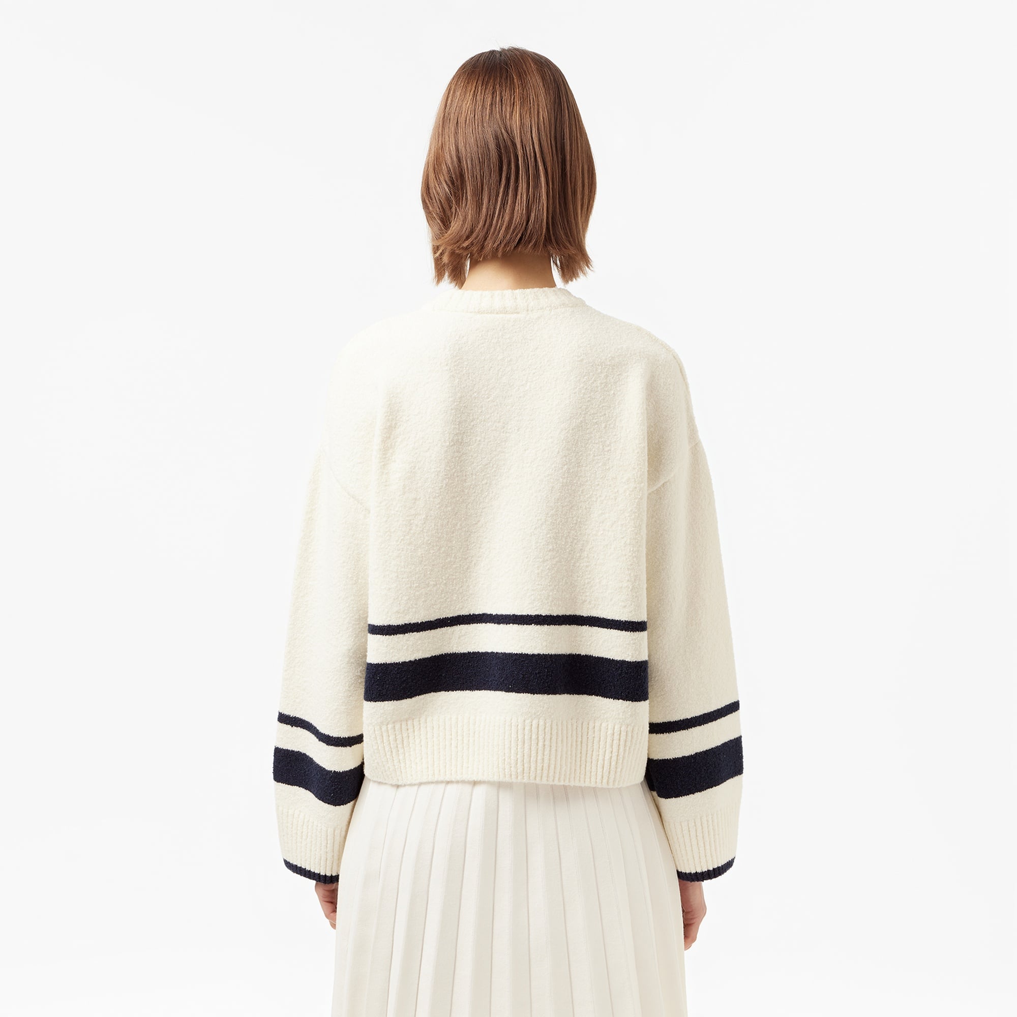 Kadın Loose Fit Bisiklet Yaka Çizgili Krem Kazak