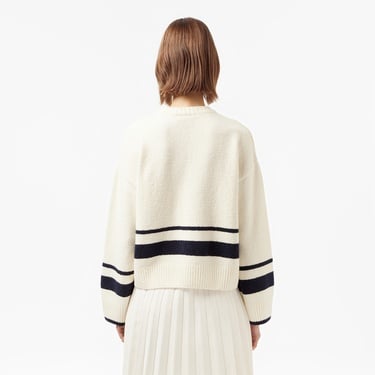  Lacoste Kadın Loose Fit Bisiklet Yaka Çizgili Krem Kazak