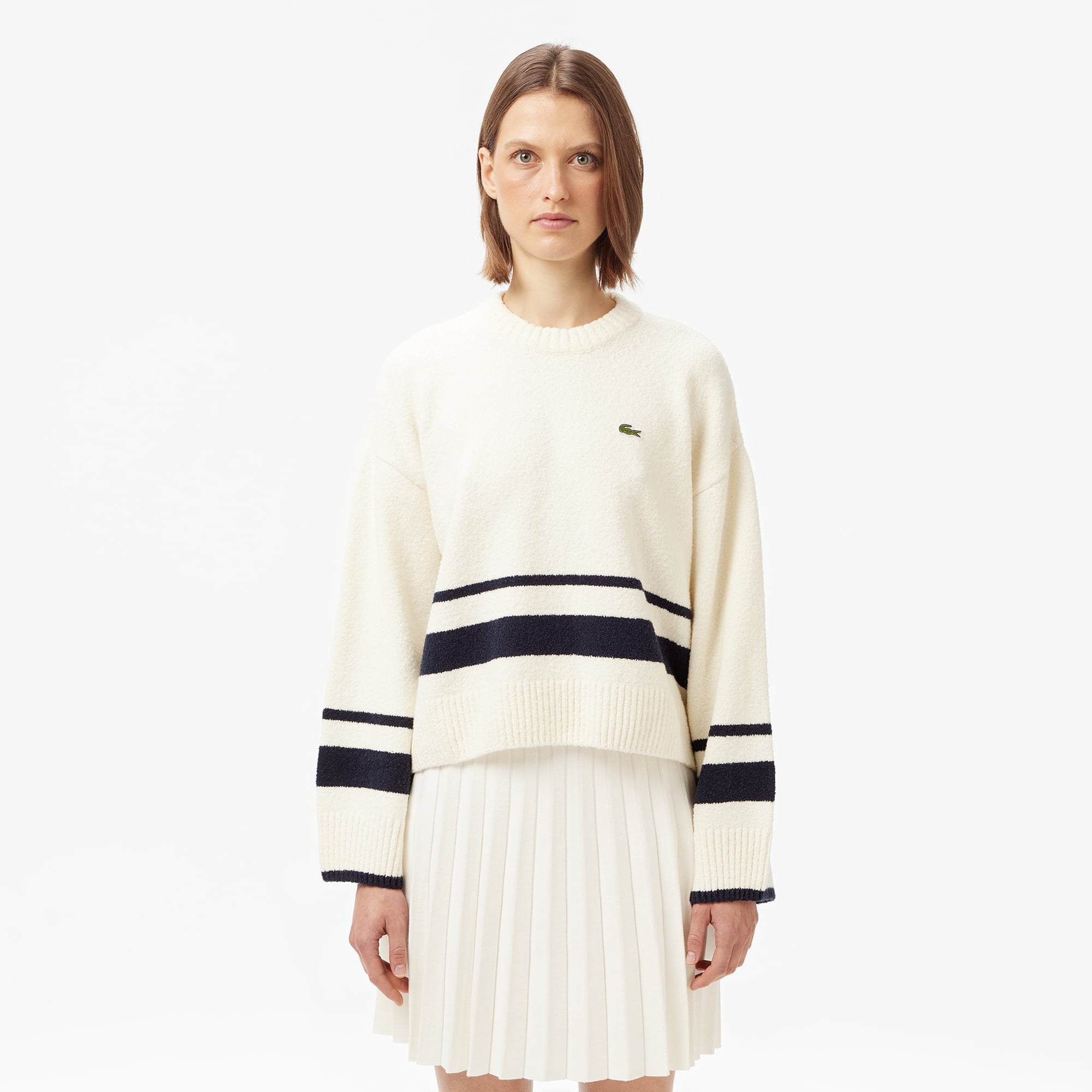  Lacoste Kadın Loose Fit Bisiklet Yaka Çizgili Krem Kazak