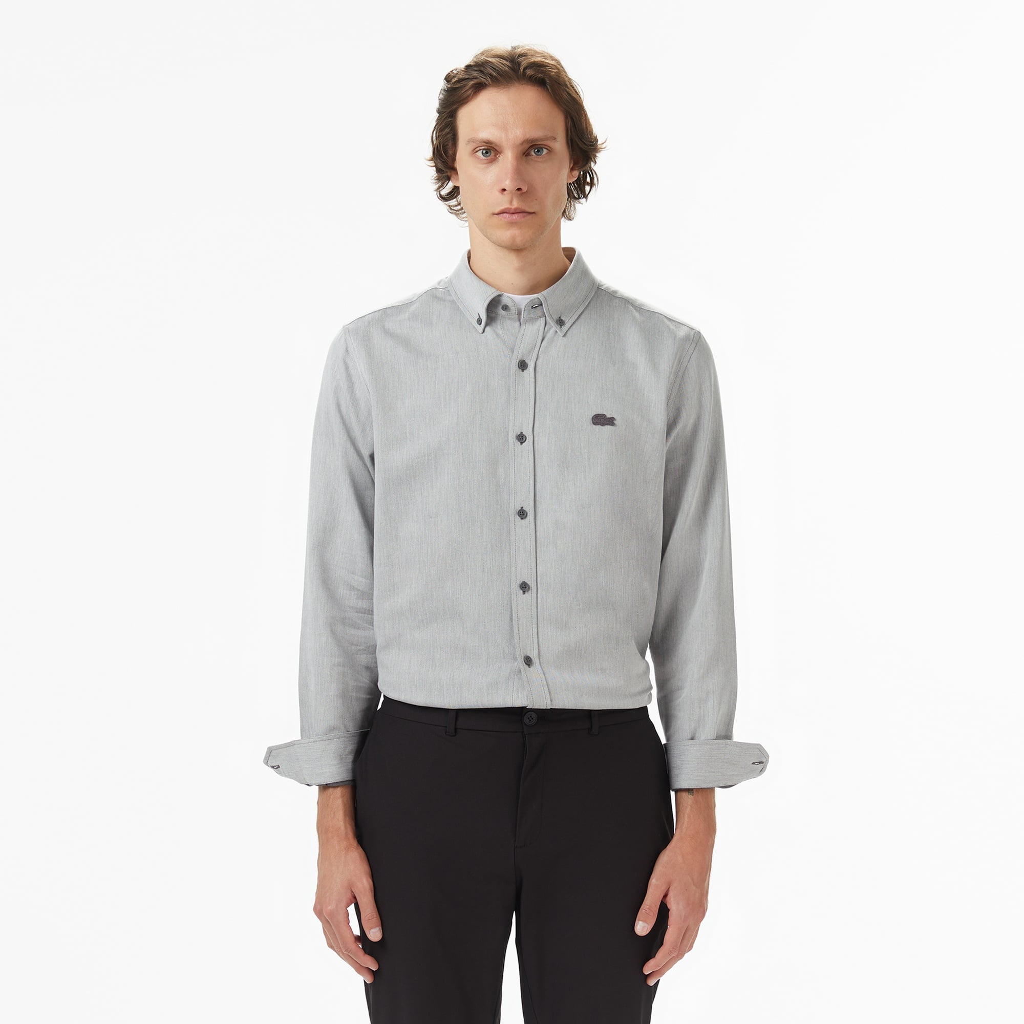 Erkek Regular Fit Düğmeli Yaka Gri Gömlek
